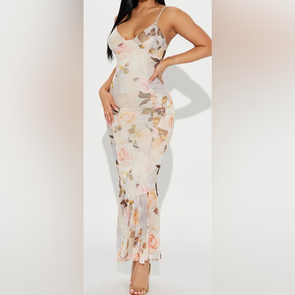 Fashion Nova Cream and Pink Floral Maxi Dress